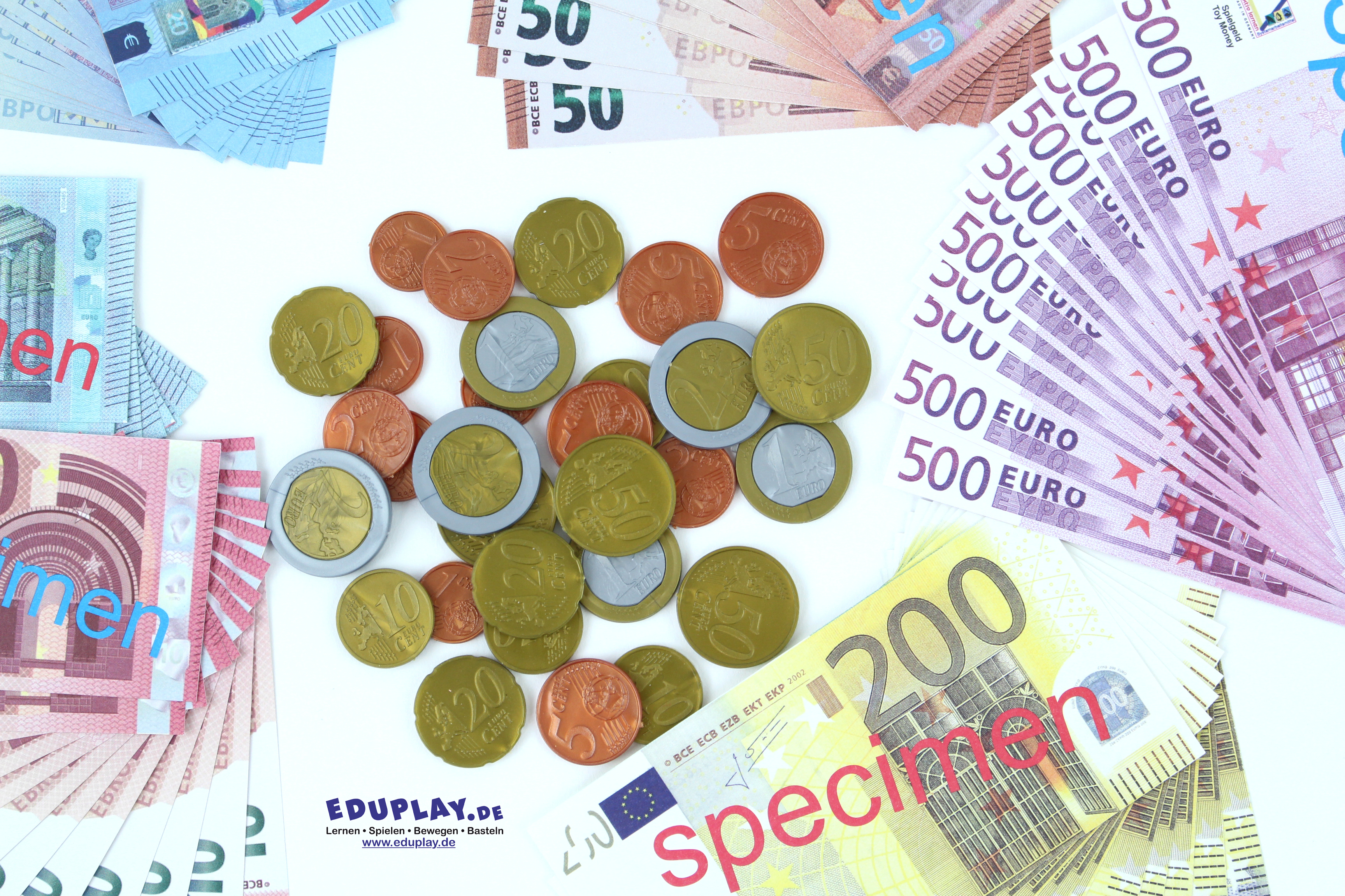 Euro-Spielgeld 114 Teile  je 12 Scheine: 500, 200, 100, 50, 20, 10, 5 € und 30 Kunststoffmünzen